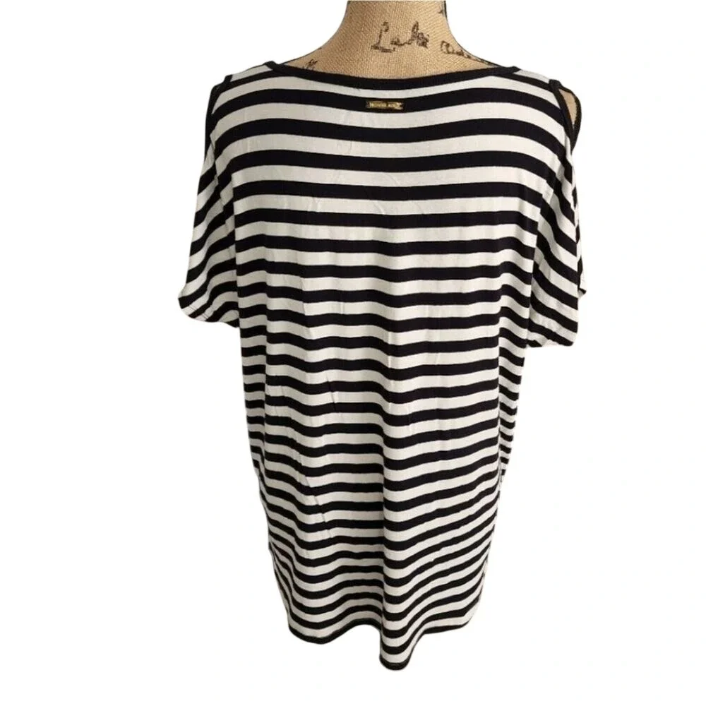 Michael Kors Black White Striped Cold Shoulder Scoop‎ Neck Top Tee